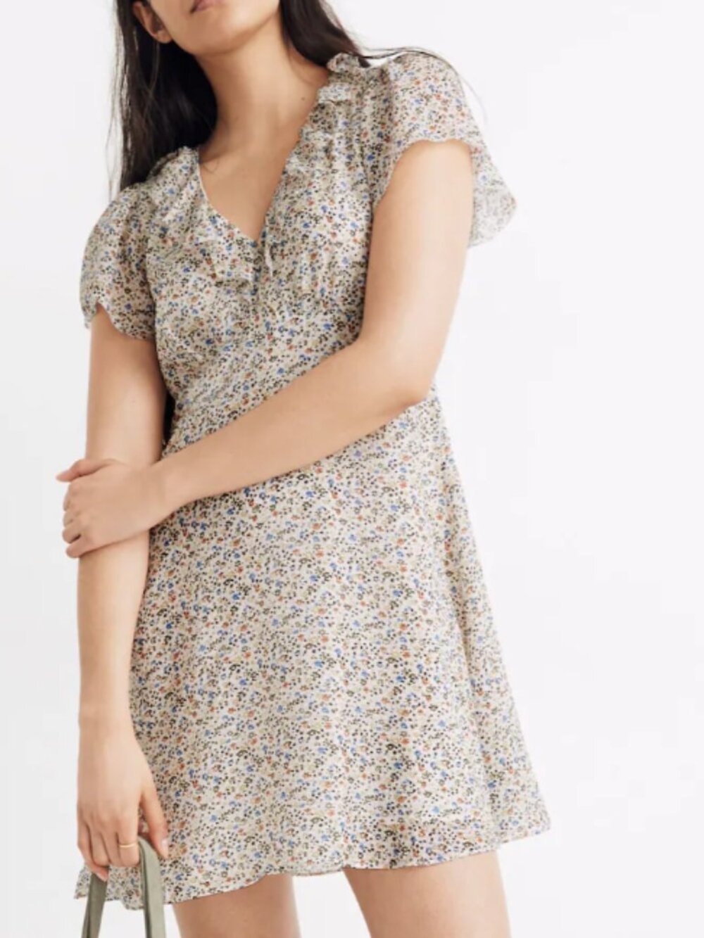 Madewell Silk Ruffle-Neck Mini Dress field floral antique cream   Perfect for ev